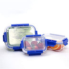 London Boutique Premium Glass Food Storage Container Lunch Box with Lids Air Tight BPA Free Leaking Proof Set 3 Square and Rectangular Shape (Blue Rectangular)