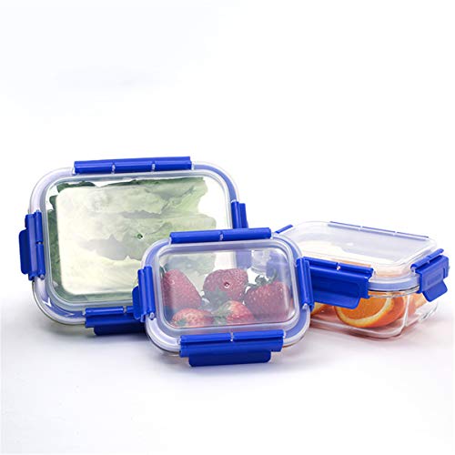 London Boutique Premium Glass Food Storage Container Lunch Box with Lids Air Tight BPA Free Leaking Proof Set 3 Square and Rectangular Shape (Blue Rectangular)