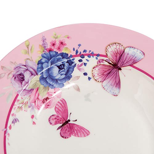 Porcelain Fine China Soup Pasta Bowls Wide Rimmed Set 4 Gift Box 9 inch 23cm (Butterflies Rose)