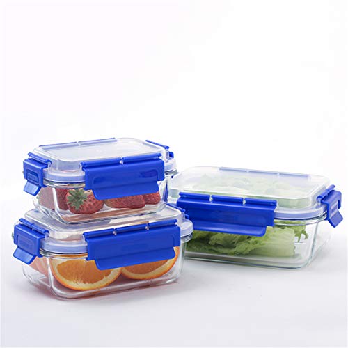 London Boutique Premium Glass Food Storage Container Lunch Box with Lids Air Tight BPA Free Leaking Proof Set 3 Square and Rectangular Shape (Blue Rectangular)