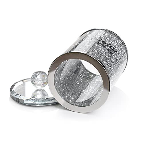 London Boutique Crystal Canister Tea Coffee Sugar Storage Jar Large Sparkle Crushed Diamond Filled Silver Metal Frame Square Shape 5.1 Inches Height Gift Box