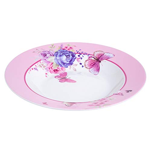 Porcelain Fine China Soup Pasta Bowls Wide Rimmed Set 4 Gift Box 9 inch 23cm (Butterflies Rose)