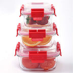 London Boutique Food Storage Container Lunch Box Premium Glass Smart Lock Lids Air Tight BPA Free Leaking Proof Set 3 Square and Rectangular (Red Square)