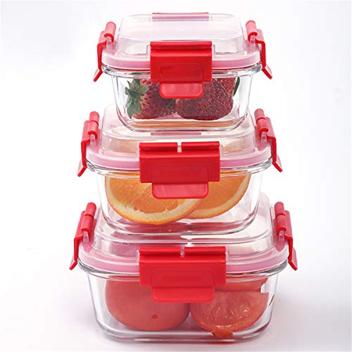 London Boutique Food Storage Container Lunch Box Premium Glass Smart Lock Lids Air Tight BPA Free Leaking Proof Set 3 Square and Rectangular (Red Square)