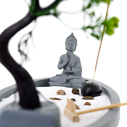 London Boutique Zen Garden Thai Buddha - Incense Holder - White Sand - Decorative Stones - Wooden Shovel - Oval Base
