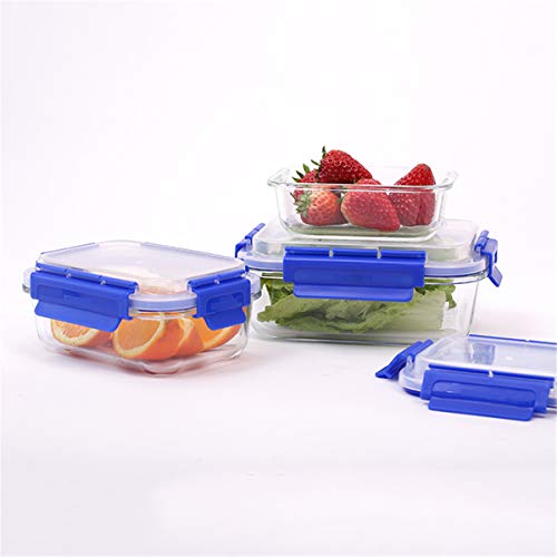 London Boutique Premium Glass Food Storage Container Lunch Box with Lids Air Tight BPA Free Leaking Proof Set 3 Square and Rectangular Shape (Blue Rectangular)