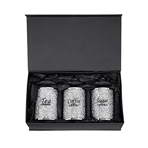 London Boutique Crystal Canister Tea Coffee Sugar Storage Jar Large Sparkle Crushed Diamond Filled Silver Metal Frame Square Shape 5.1 Inches Height Gift Box