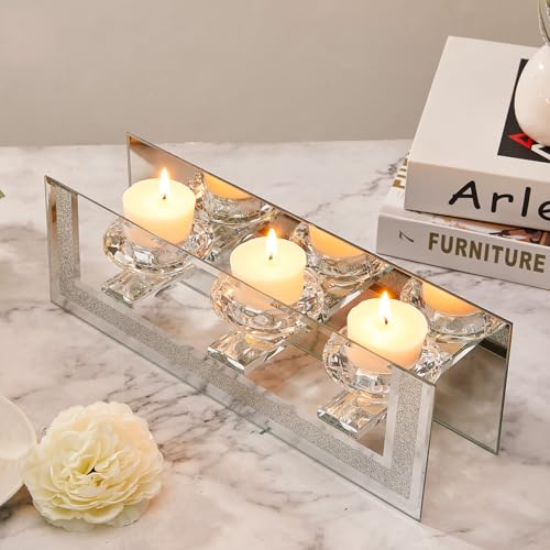 London Boutique Mirrored Candle Holder for 3 Candles – Sparkling Silver Frame with K9 Crystal Holders, Luxury Glass Tea Light & Votive Display Stand, Home Décor & Gift Idea (Round Cups)