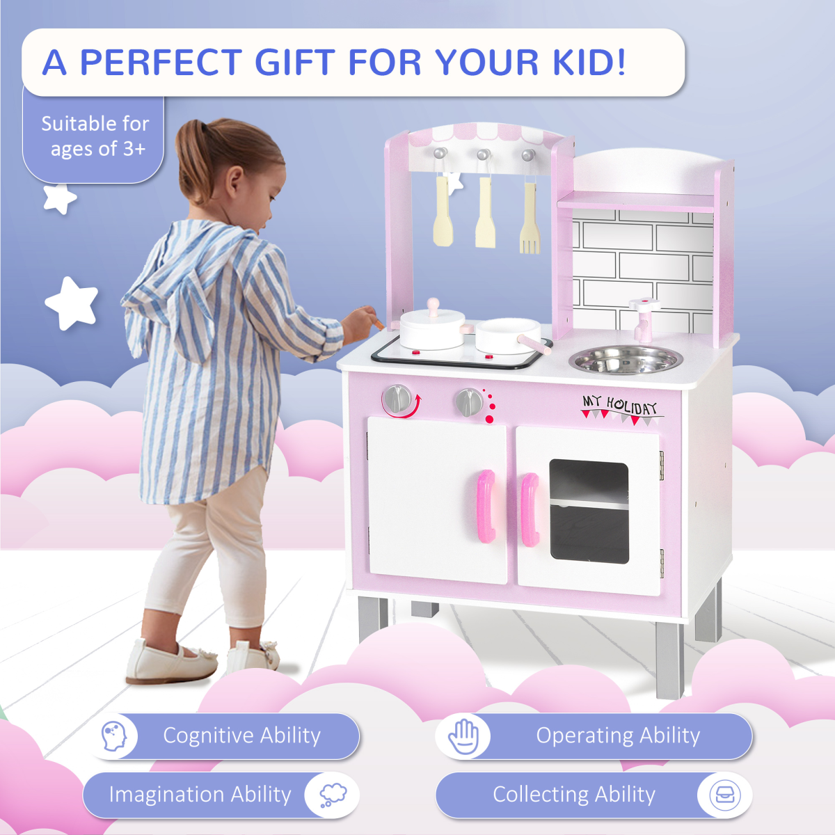 Kids Kitchen Play Set Sounds Utensils Pans Storage Child Role Play