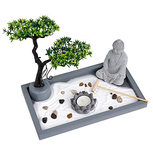 London Boutique Zen Garden Thai Buddha - Candle Holder -White Sand - Decorative Stones - Wooden Shovel - Rectangular Base