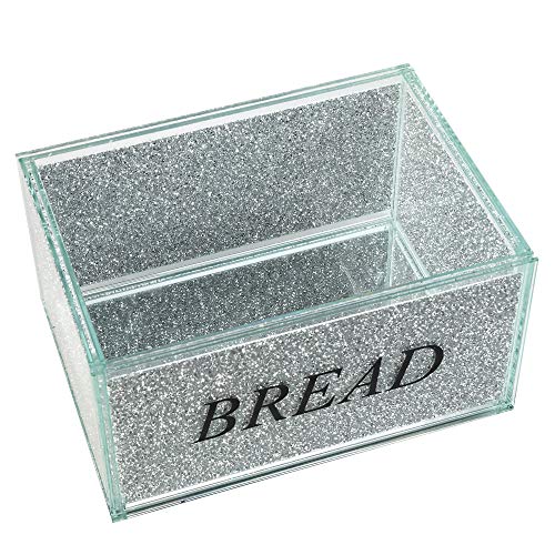London Boutique Crystal Extra Large Bread Bin Canister Storage Jar Large Sparkle Crushed Diamond Filled Silver Metal Frame Square Shape 8.6 Inches Height Gift Box