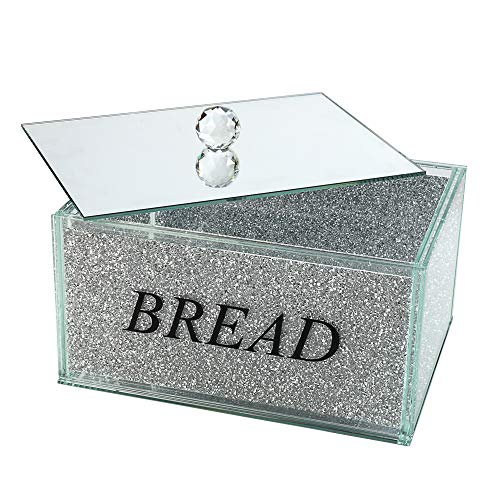 London Boutique Crystal Extra Large Bread Bin Canister Storage Jar Large Sparkle Crushed Diamond Filled Silver Metal Frame Square Shape 8.6 Inches Height Gift Box