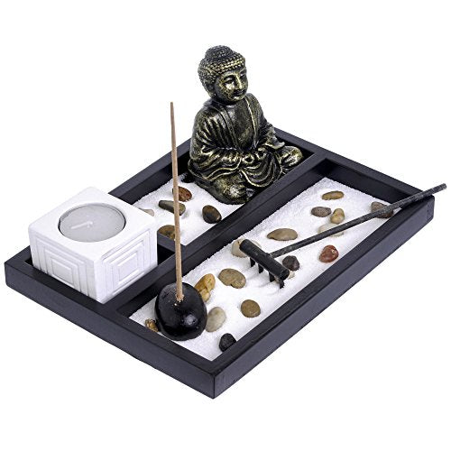 London Boutique Zen Garden Buddha Candle Holder Incense Holder white sand and decorative Stones (Buddha)