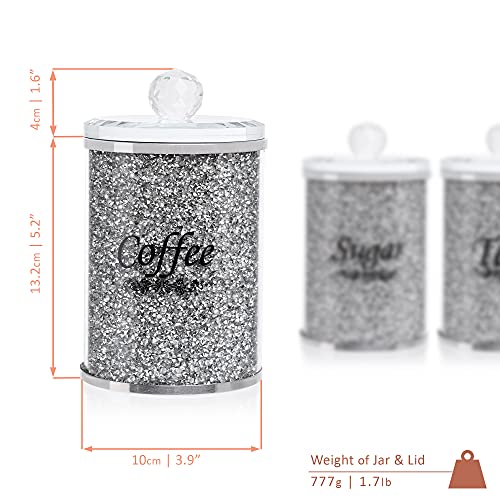 London Boutique Crystal Canister Tea Coffee Sugar Storage Jar Large Sparkle Crushed Diamond Filled Silver Metal Frame Square Shape 5.1 Inches Height Gift Box