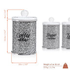 London Boutique Crystal Canister Tea Coffee Sugar Storage Jar Large Sparkle Crushed Diamond Filled Silver Metal Frame Square Shape 5.1 Inches Height Gift Box