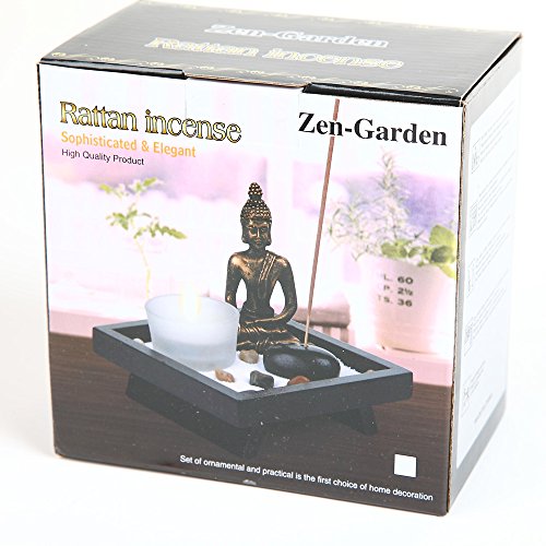 London Boutique Thai Sitting Buddha Ornament Statue Candle Holders Natural Stone Rattan Incense Gift Set (Sitting Budha HD38)