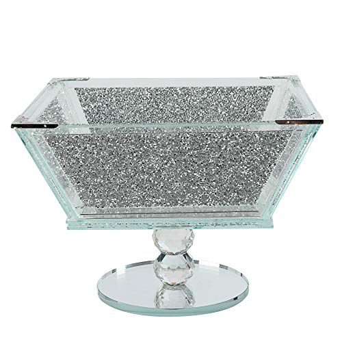 London Boutique Crystal Extra Large Fruit Bowl Centre Piece Storage Sparkle Crushed Diamond Filled Silver Metal Frame Square Shape 7.5 Inches Height