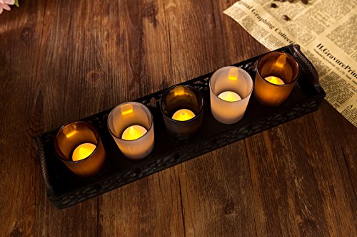 London Boutique Tea Light Candle Holder Set 5 in Black Wooden Tray Gift LED Candles Set (Black tray Set 5)