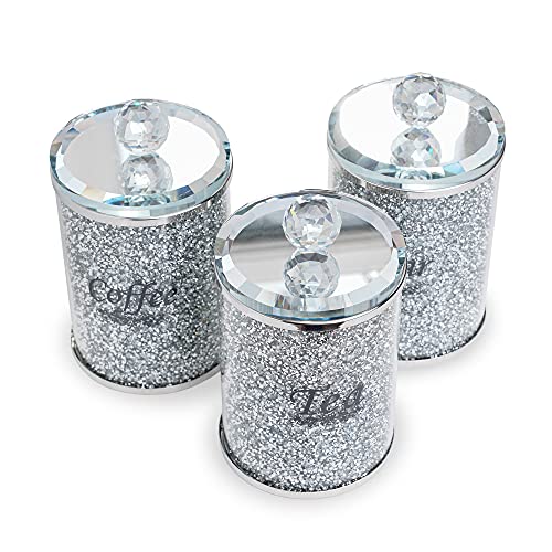 London Boutique Crystal Canister Tea Coffee Sugar Storage Jar Large Sparkle Crushed Diamond Filled Silver Metal Frame Square Shape 5.1 Inches Height Gift Box