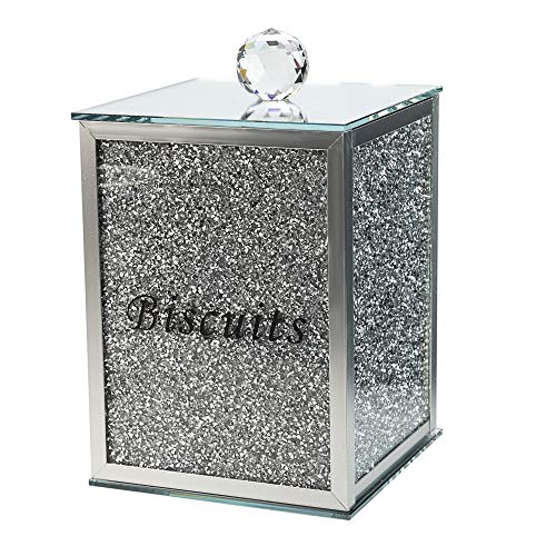 London Boutique Crystal Biscuits Tin Storage Jar Large Sparkle Crushed Diamond Filled Silver Metal Frame Square Shape 8.6 Inches Height Gift Box