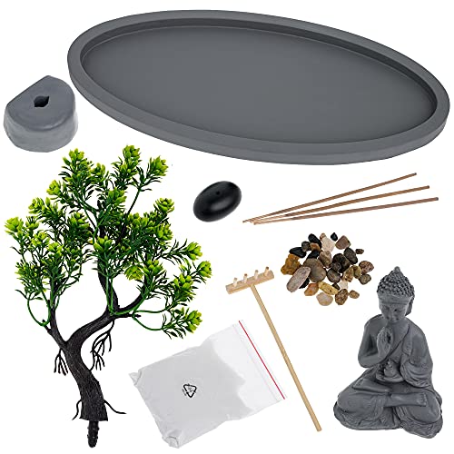 London Boutique Zen Garden Thai Buddha - Incense Holder - White Sand - Decorative Stones - Wooden Shovel - Oval Base