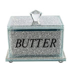 London Boutique Crystal Large Butter Dish Sparkle Crushed Diamond Filled Silver Metal Frame