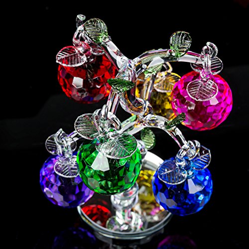 London Boutique Decorative Crystal Glass Apple Tree 6 Crystal Clear Multi Coloured Apples Giftware Present Blue Gift Box (Multi coloured)