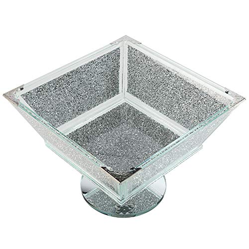 London Boutique Crystal Extra Large Fruit Bowl Centre Piece Storage Sparkle Crushed Diamond Filled Silver Metal Frame Square Shape 7.5 Inches Height