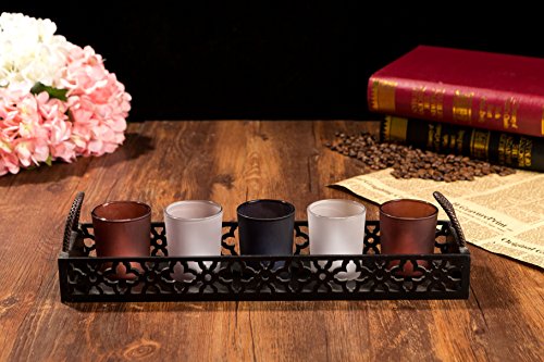 London Boutique Tea Light Candle Holder Set 5 in Black Wooden Tray Gift LED Candles Set (Black tray Set 5)