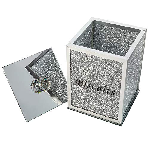 London Boutique Crystal Biscuits Tin Storage Jar Large Sparkle Crushed Diamond Filled Silver Metal Frame Square Shape 8.6 Inches Height Gift Box