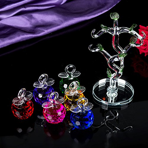 London Boutique Decorative Crystal Glass Apple Tree 6 Crystal Clear Multi Coloured Apples Giftware Present Blue Gift Box (Multi coloured)