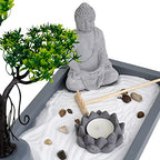London Boutique Zen Garden Thai Buddha - Candle Holder -White Sand - Decorative Stones - Wooden Shovel - Rectangular Base