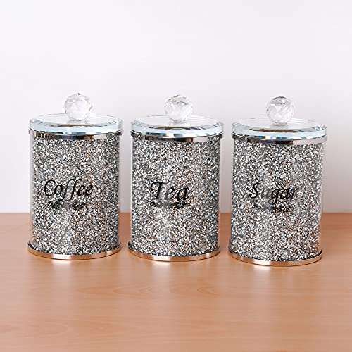 London Boutique Crystal Canister Tea Coffee Sugar Storage Jar Large Sparkle Crushed Diamond Filled Silver Metal Frame Square Shape 5.1 Inches Height Gift Box
