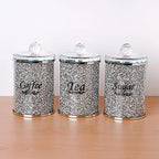 London Boutique Crystal Canister Tea Coffee Sugar Storage Jar Large Sparkle Crushed Diamond Filled Silver Metal Frame Square Shape 5.1 Inches Height Gift Box