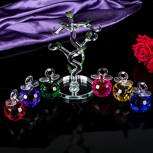 London Boutique Decorative Crystal Glass Apple Tree 6 Crystal Clear Multi Coloured Apples Giftware Present Blue Gift Box (Multi coloured)