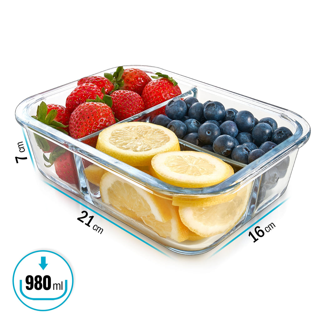 3-Compartment Glass Containers with Airtight Lids - 980ml - 3 PACK