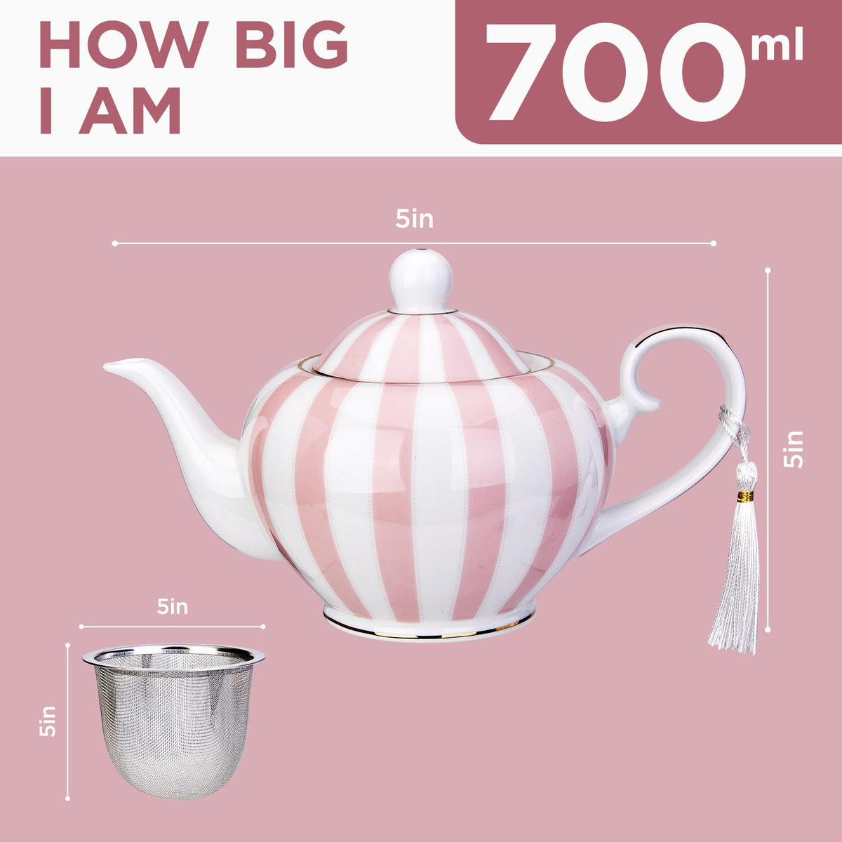 London Boutique teapot with Infuser - Tea Pot infusers for Loose Tea -700ml Capacity Perfect 2 Cup teapot -Easy Grab Handle Teapots (Pink Strips)