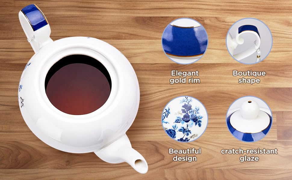London Boutique teapot with Infuser - Tea Pot infusers for Loose Tea -700ml Capacity Perfect 2 Cup teapot -Easy Grab Handle Teapots (Rose Butterfly Navy)