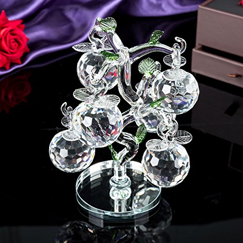 London Boutique Decorative Crystal Glass Apple Tree 6 Crystal Clear Multi Coloured Apples Giftware Present Blue Gift Box (Clear)
