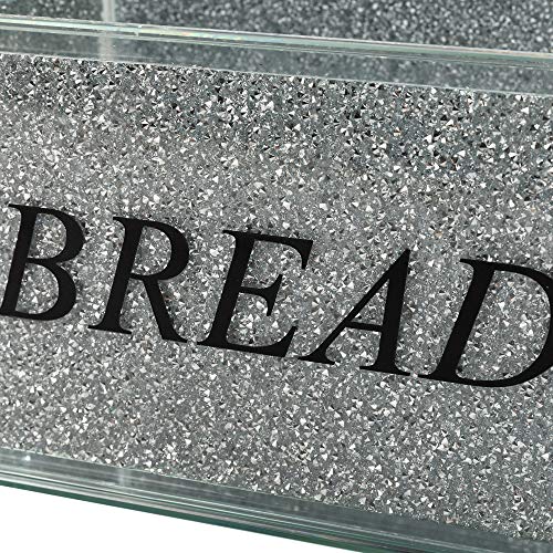 London Boutique Crystal Extra Large Bread Bin Canister Storage Jar Large Sparkle Crushed Diamond Filled Silver Metal Frame Square Shape 8.6 Inches Height Gift Box