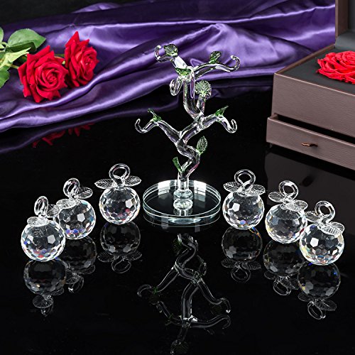 London Boutique Decorative Crystal Glass Apple Tree 6 Crystal Clear Multi Coloured Apples Giftware Present Blue Gift Box (Clear)