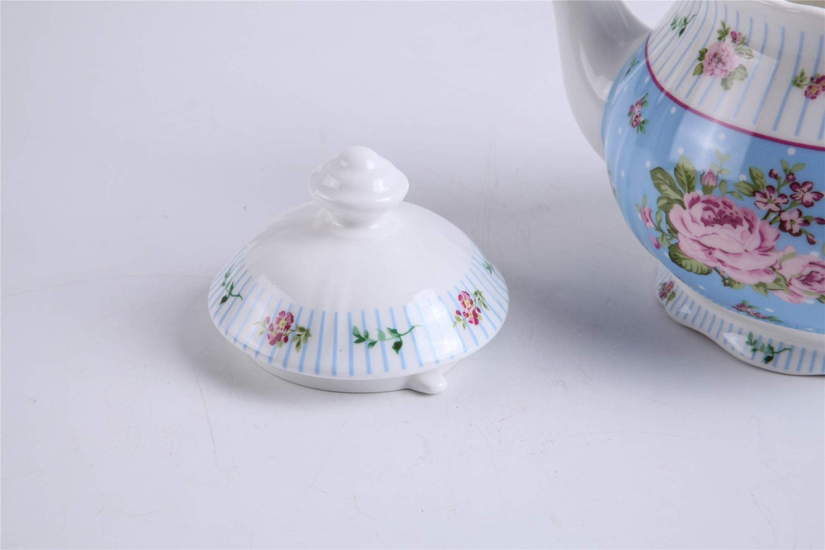 Porcelain Teapot Sets Teapot Sugar Bowl and Cream Milk Jug Shabby Chic Vintage Floral in Gift Box (Blue)