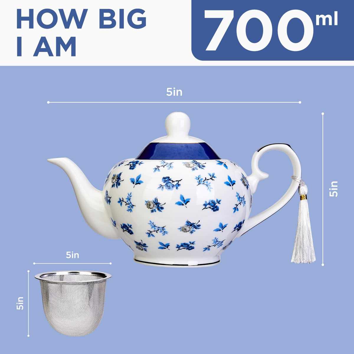 London Boutique teapot with Infuser - Tea Pot infusers for Loose Tea -700ml Capacity Perfect 2 Cup teapot -Easy Grab Handle Teapots (Roses Navy)