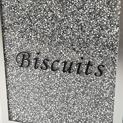 London Boutique Crystal Biscuits Tin Storage Jar Large Sparkle Crushed Diamond Filled Silver Metal Frame Square Shape 8.6 Inches Height Gift Box