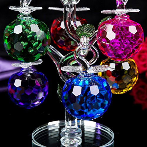 London Boutique Decorative Crystal Glass Apple Tree 6 Crystal Clear Multi Coloured Apples Giftware Present Blue Gift Box (Multi coloured)
