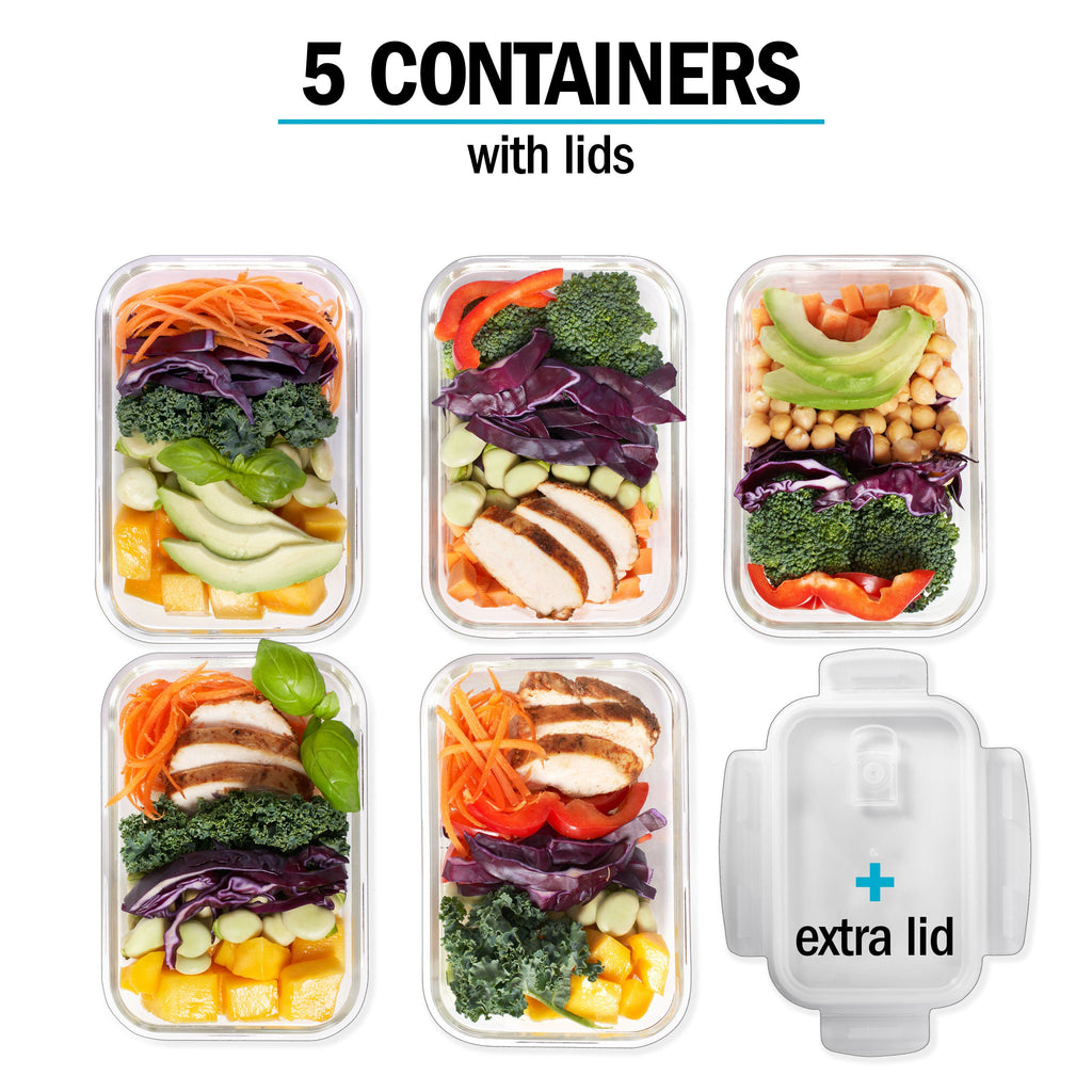 1-Compartment Glass Containers with Steam Vent Lids - 840ml - 5 PACK + 1 extra lid