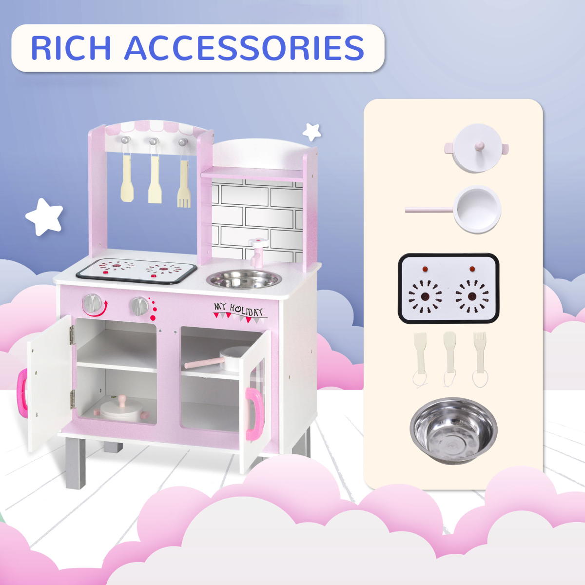 Kids Kitchen Play Set Sounds Utensils Pans Storage Child Role Play