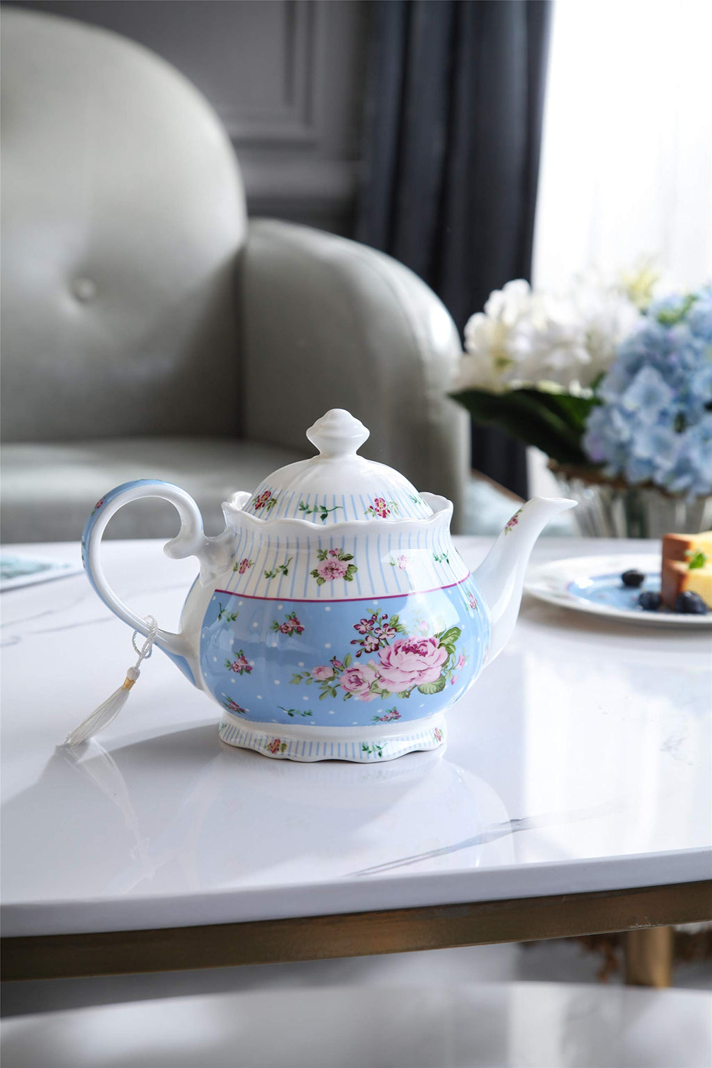 Porcelain Teapot Sets Teapot Sugar Bowl and Cream Milk Jug Shabby Chic Vintage Floral in Gift Box (Blue)