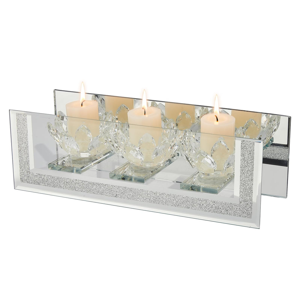 London Boutique Mirrored Candle Holder for 3 Candles – Sparkling Silver Frame with K9 Crystal Holders, Luxury Glass Tea Light & Votive Display Stand, Home Décor & Gift Idea (Lily Flower Cups)