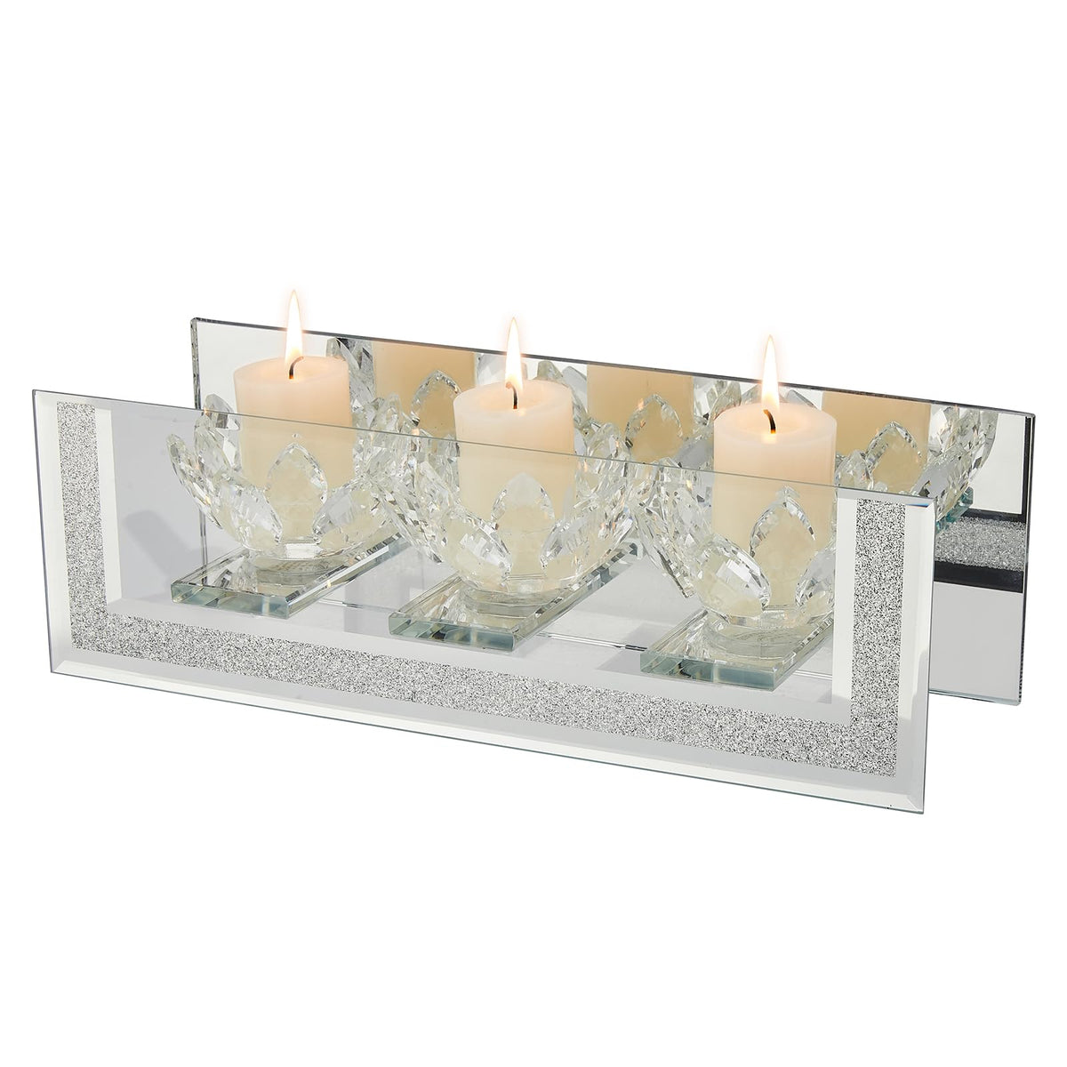 London Boutique Mirrored Candle Holder for 3 Candles – Sparkling Silver Frame with K9 Crystal Holders, Luxury Glass Tea Light & Votive Display Stand, Home Décor & Gift Idea (Lily Flower Cups)